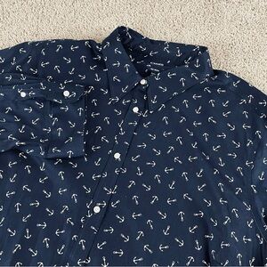 Chaps No Iron Shirt Women's 2X Navy Anchor Nautical 3/4 Sleeve Button-Up A75